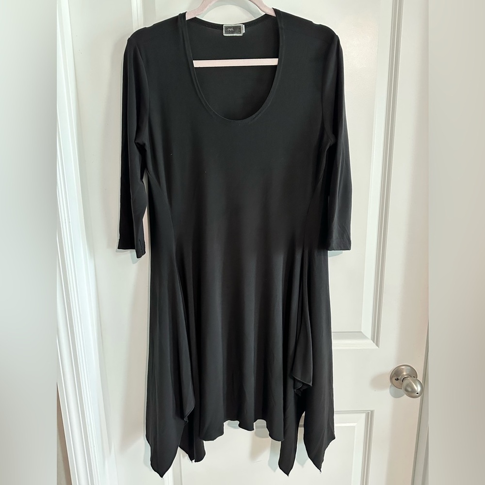 Sympli Womens Black 3/4 Sleeve Flared‎ Asymmetrical Tunic midi Dress 12